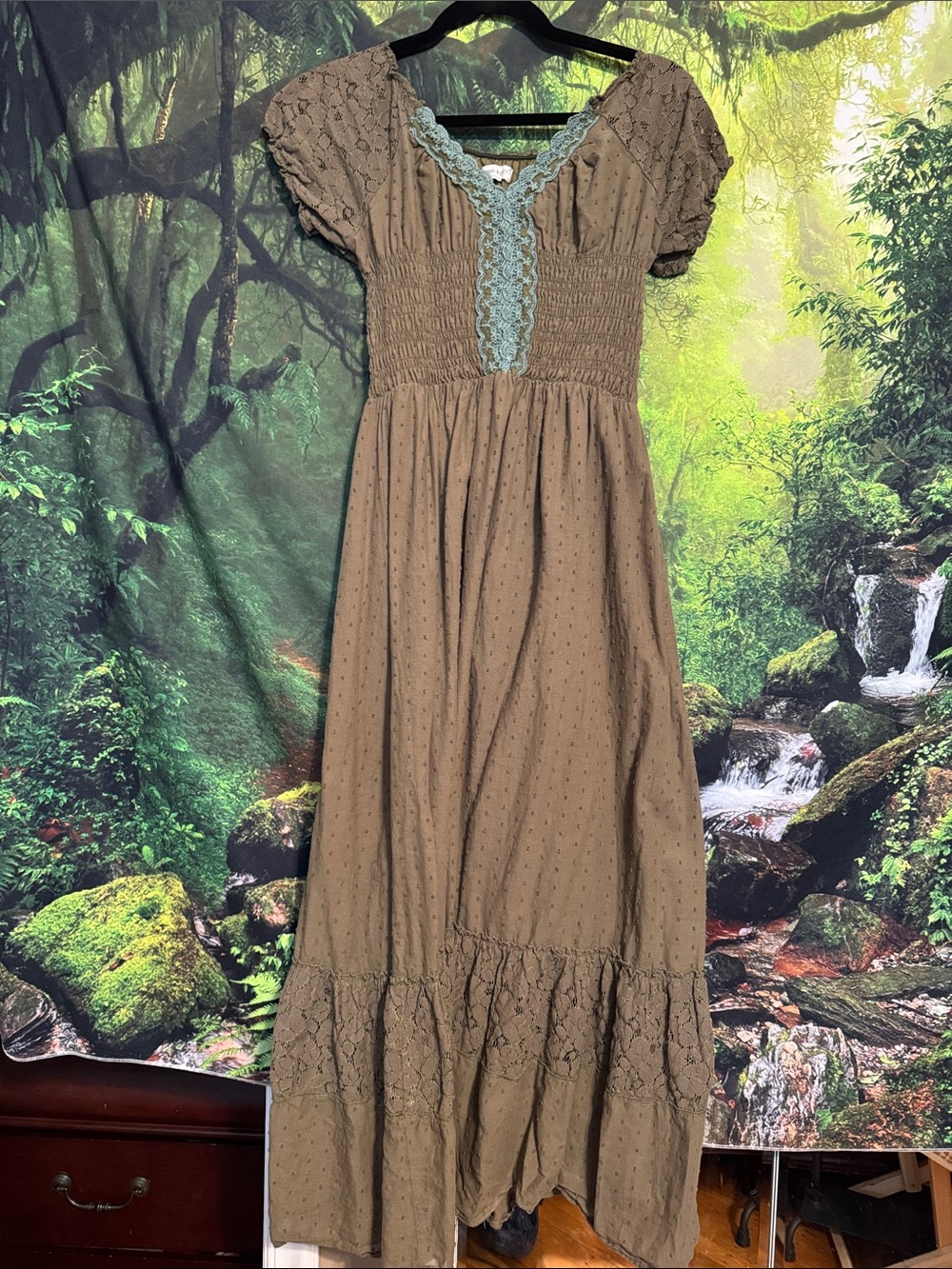 Woman’s Brown Maxi Dress with Lace Trim ankle length